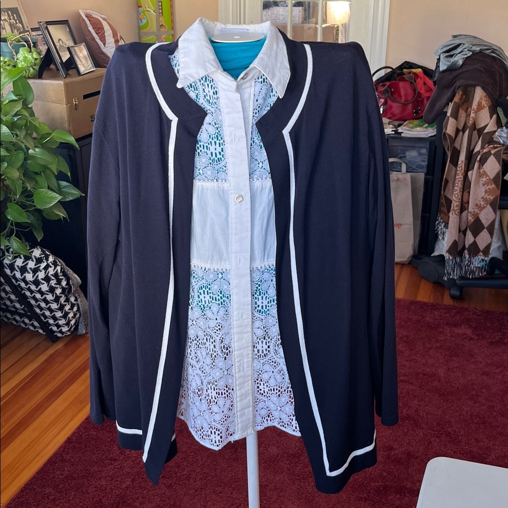 FINAL SALE PRICE for this Bloomingdale's Navy Cardigan with White Trim